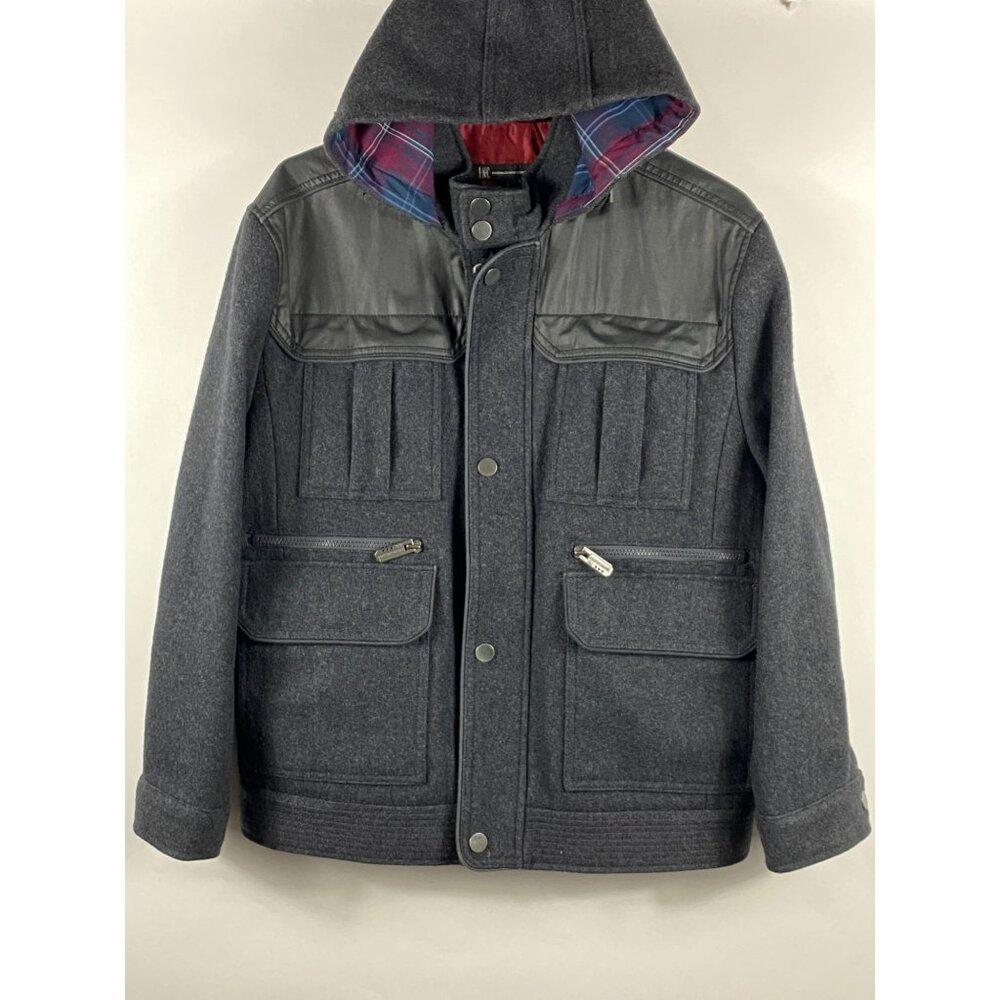 INC International Concept Wool Blend Zip Snap Lined Hooded Jacket Gray L F127